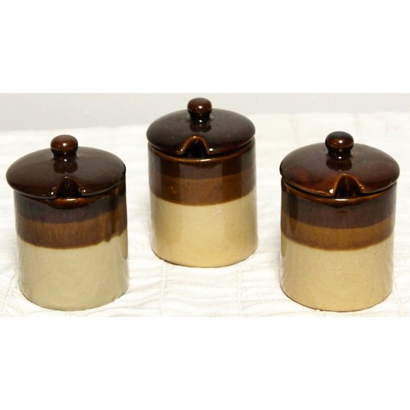 1960s 3 Brown Dip Tan Condiment Jar Lid Stoneware Crock Mustard Relish BBQ Party - Picture 3 of 11